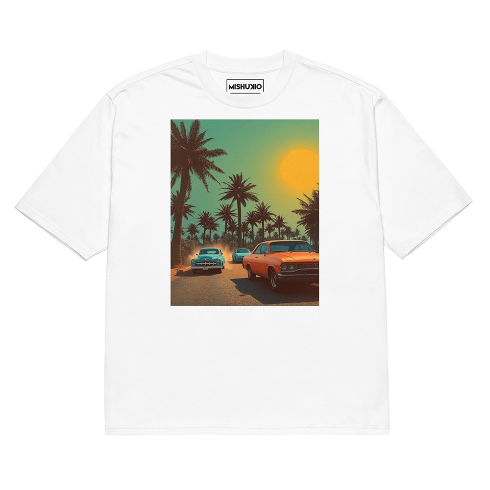 White Graphic T-Shirt with Vintage Car Print
